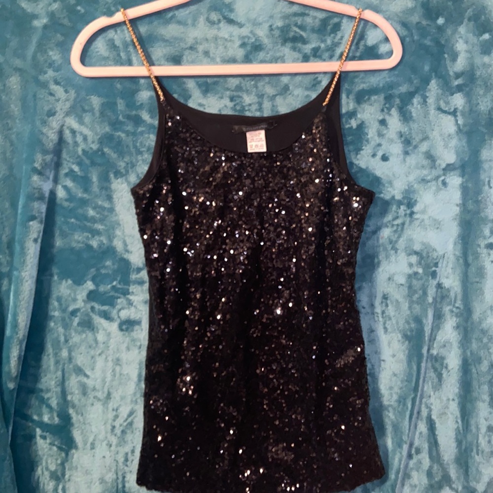 BUNDLE DISCOUNTS! Ladies Large black sequin tank top, chain straps, sheer back